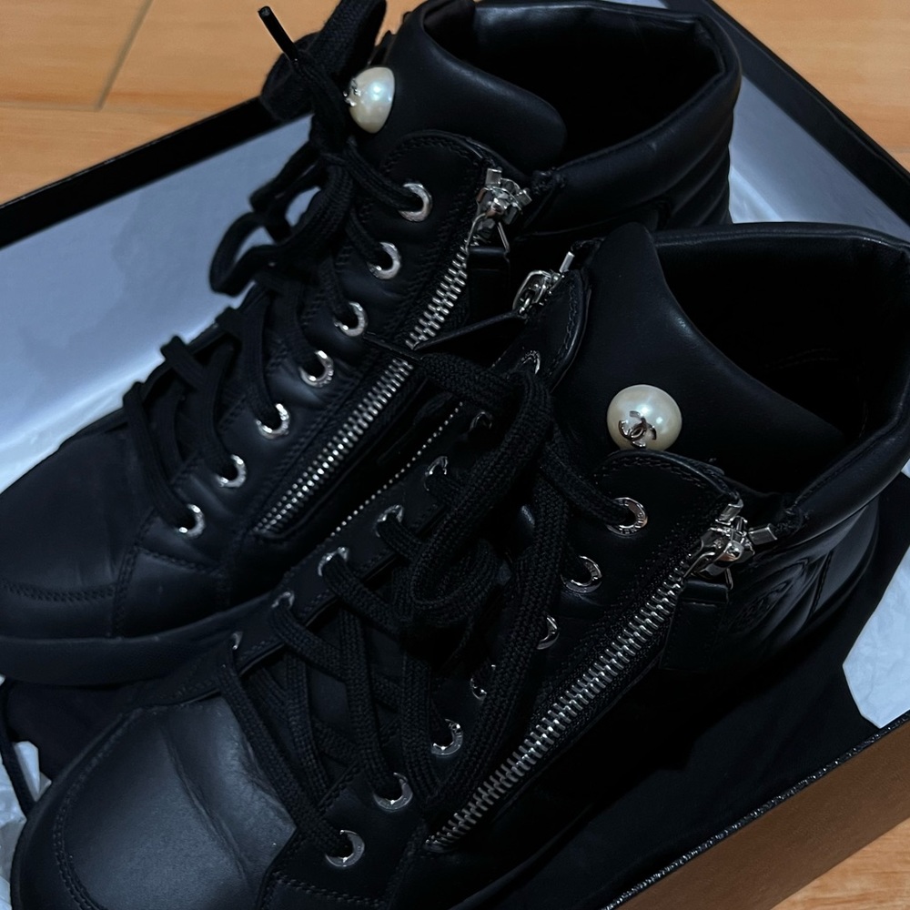 Chanel Calfskin Pearl Hightop CC Sneakers | Size 38
